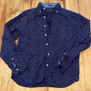 J Crew men’s button down, navy + electric bolts, L slim, 100% cotton, like new